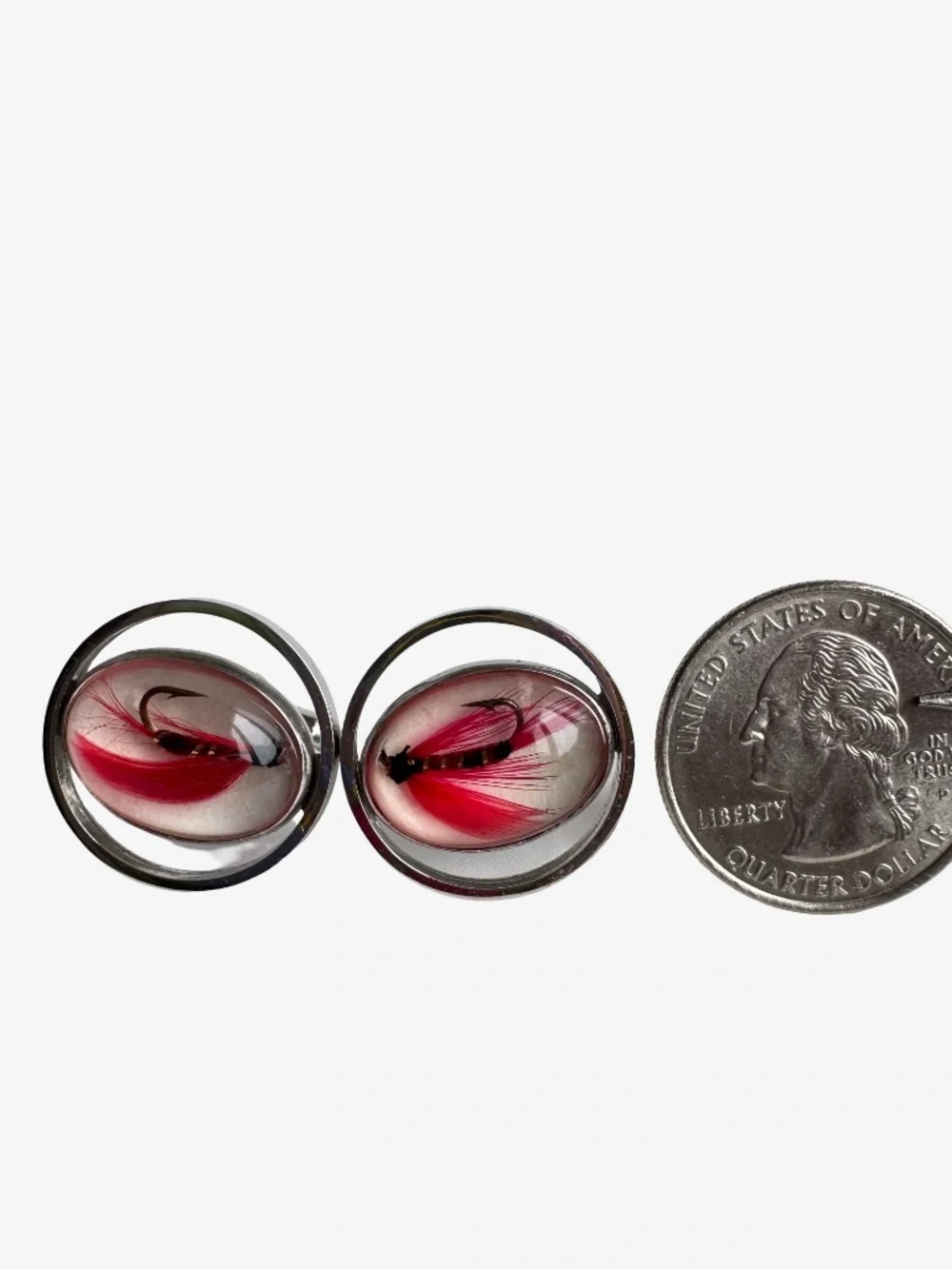 Vintage Anson Fly Fishing Lure Cufflinks Red Feather Hook Silver Tone Dome Mens